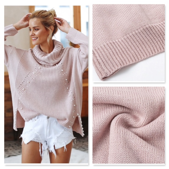 Pearl Beading Oversized Pink Sweater Cowl Neck - Picture 6 of 8